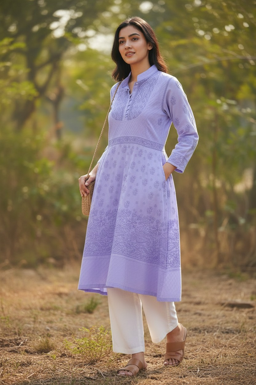 Cotton Lucknowi Chikankari 46" Long A-line Kurti | 100% Hand Embroidered| No Shrinkage