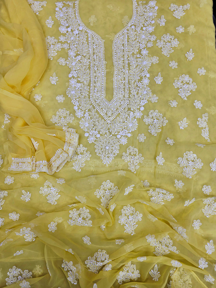 Lucknowi Georgette Chikankari Dress Material – Hand Embroidery Kurta, Bottom & Dupatta | Festive Queen Shades