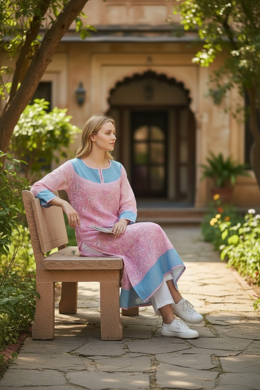 Cotton Chikankari Hand Embroidered Kurti for Women | Premium  | 48 Inch approx Length | Lucknowi Chikan Kurta