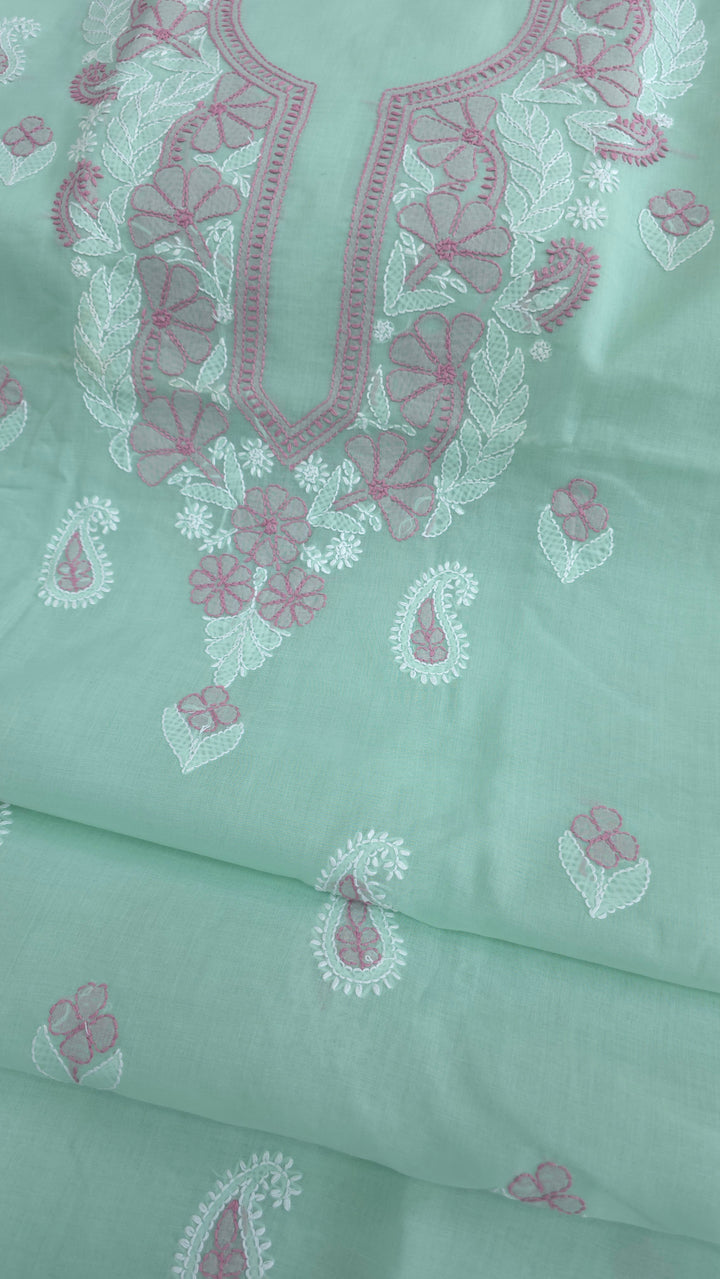 Paridhan Chikan Premium Cool Cotton Chikankari Dress Material Set with Hand Embroidered Kurta, Bottom & Chiffon Dupatta with Handmade Crochet Border
