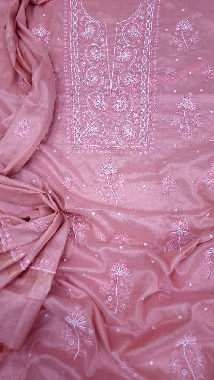 Soft Tissue Chikankari Unstitched Dress Material | 3 Taar Hand Embroidery with Pearl & Cutdana Work + Golden Border Dupatta