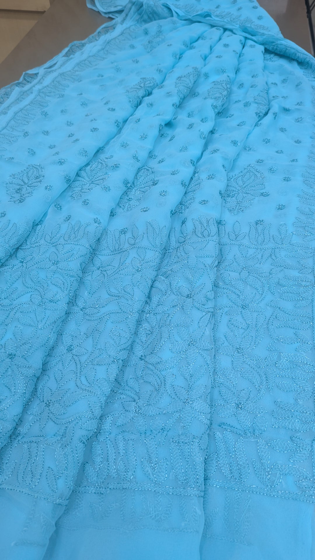 Faux Georgette Hand Chikankari Saree with Exclusive all over  Design | Embroidered Blouse Included | Authentic Lucknow Handicraft by Paridhan Chikan