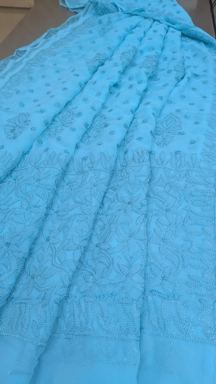 Faux Georgette Hand Chikankari Saree with Exclusive all over  Design | Embroidered Blouse Included | Authentic Lucknow Handicraft by Paridhan Chikan