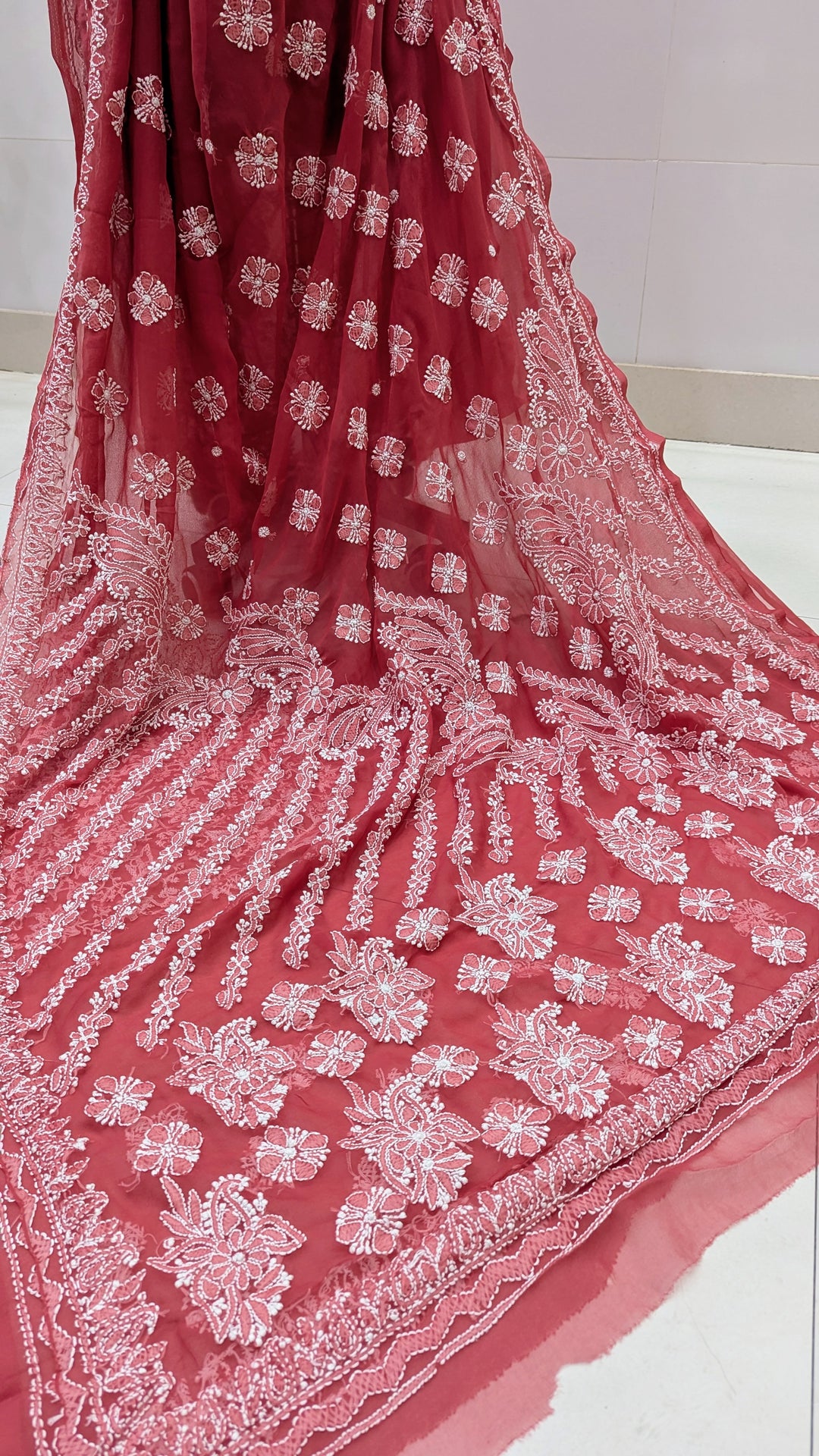 Faux Georgette Hand Chikankari Saree with Exclusive Border & designer Palla Design | Embroidered Blouse Included | Authentic Lucknow Handicraft by Paridhan Chikan