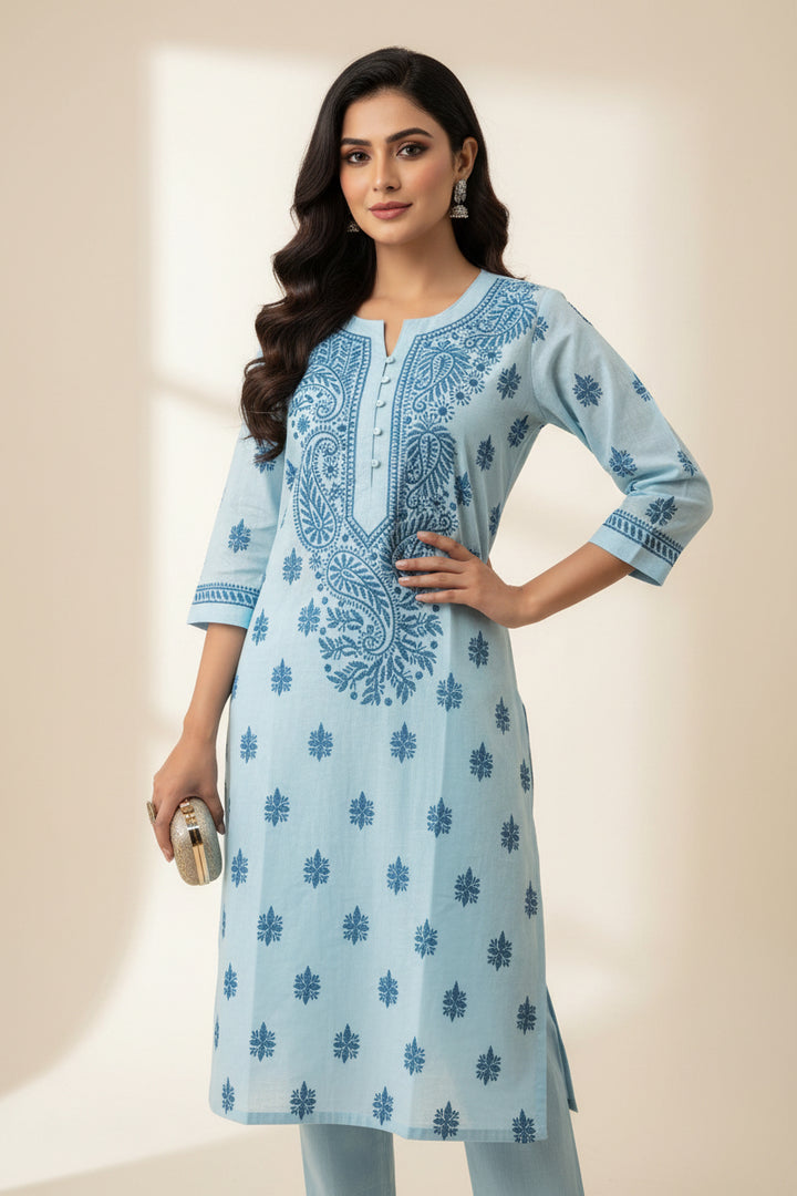 Pure Cotton Linen Lucknowi Chikankari Long Kurti | 100% Hand Embroidered | Non-Transparent | No Shrinkage