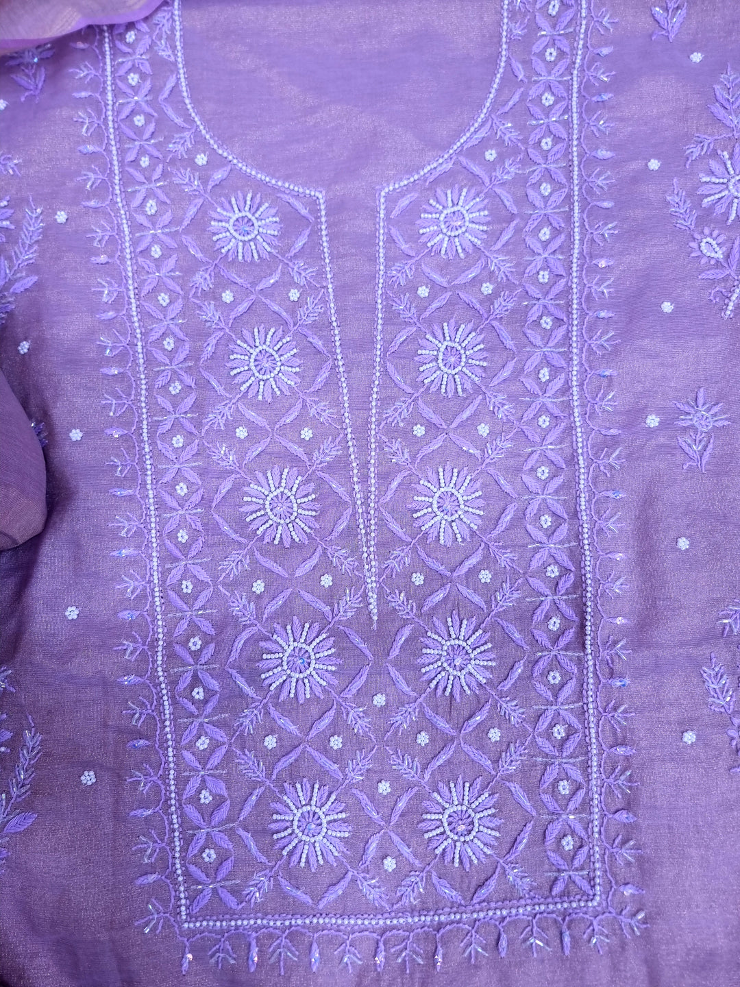 Soft Tissue Chikankari Unstitched Dress Material | 3 Taar Hand Embroidery with Pearl & Cutdana Work + Golden Border Dupatta