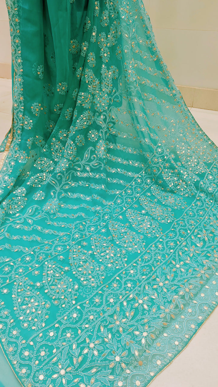 Embellished with Gota Patti | Hand Chikankari Faux Georgette Saree | Lucknowi Embroidery | Designer Festive Wear by Paridhan Chikan
