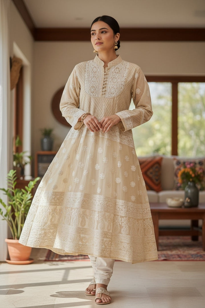 Cotton Lucknowi Chikankari 46" Long A-line Kurti | 100% Hand Embroidered| No Shrinkage
