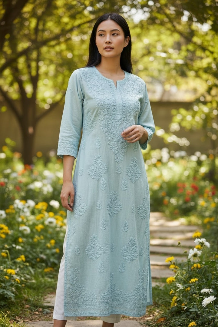 Premium Soft Chanderi Lucknowi Chikankari Long Kurti – 100% Hand Embroidered, Non-Transparent