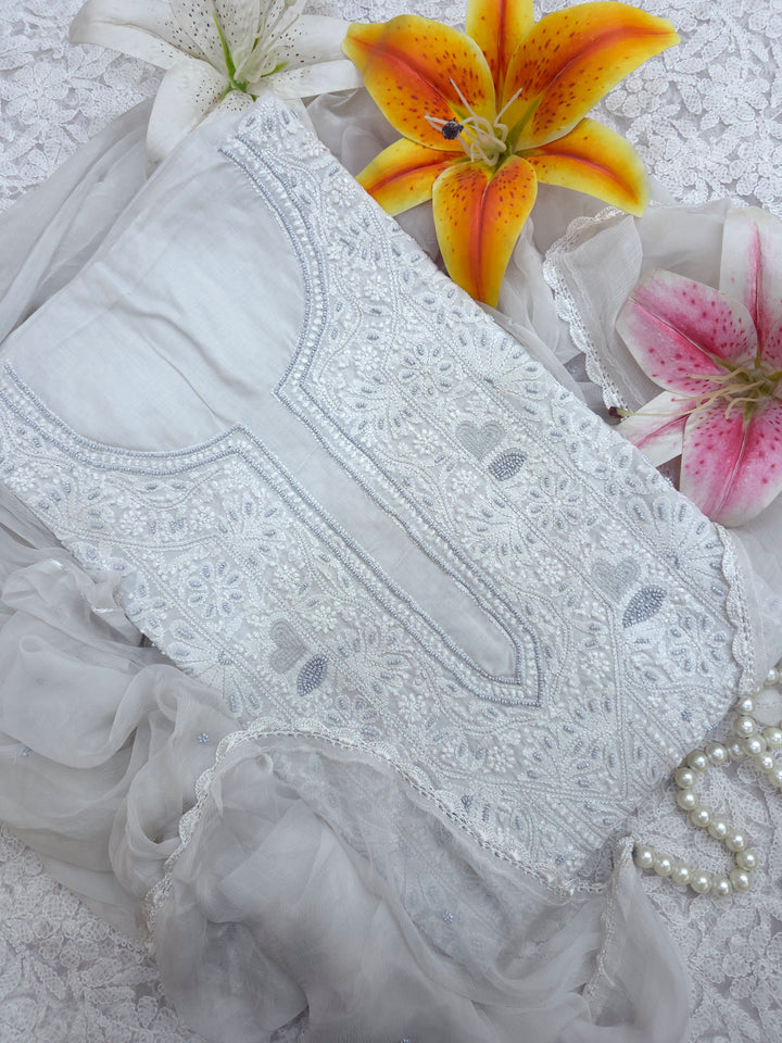 Paridhan Chikan Cotton Chikankari Unstitched Dress Material – 3 Pc Suit Set with Hand Embroidery & Pearl Work in Every Motif