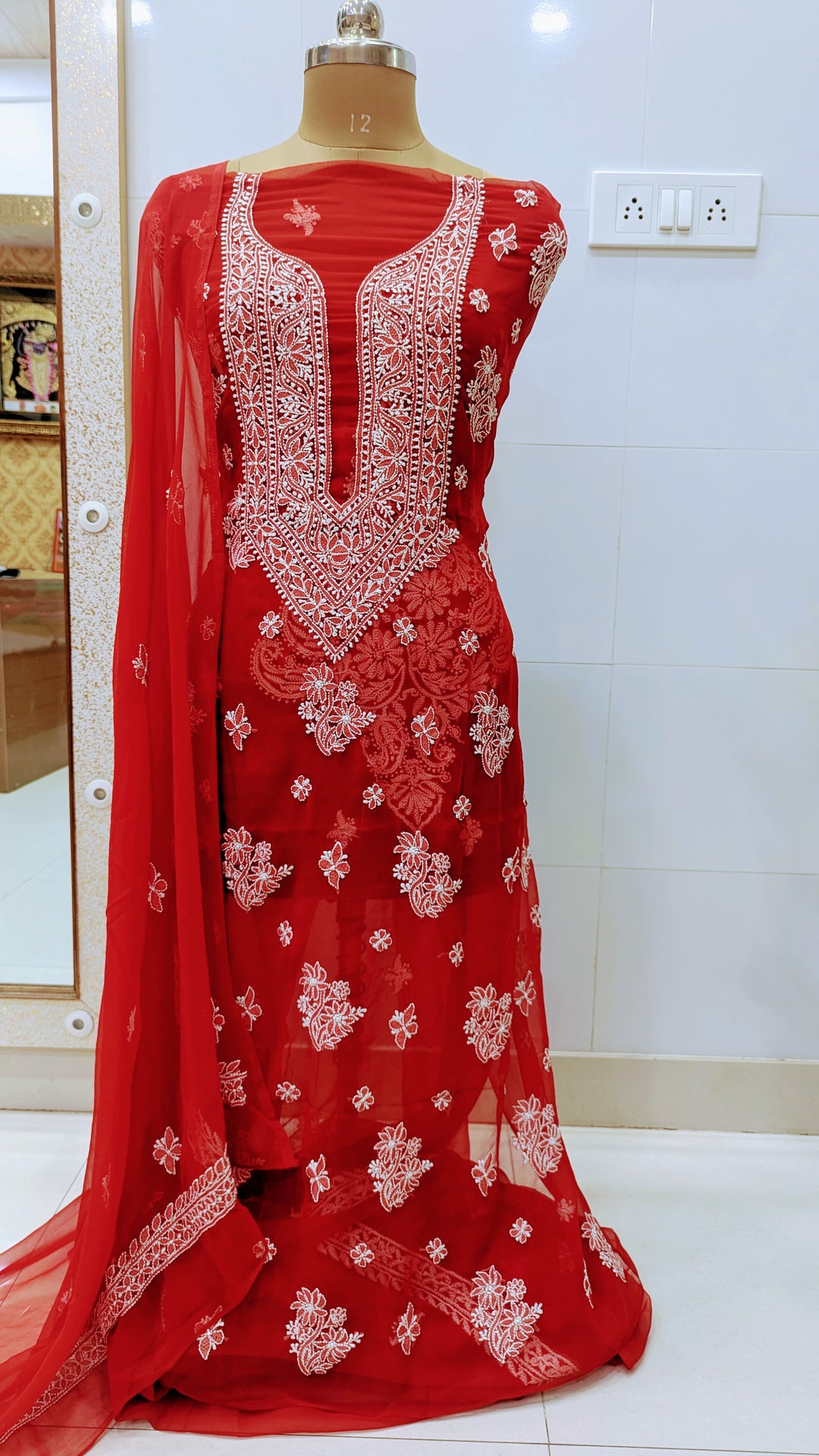 "Paridhan Chikan Georgette Lucknowi Chikankari Unstitched Suit Set – Hand Embroidered Kurta, Bottom & Dupatta for Women"