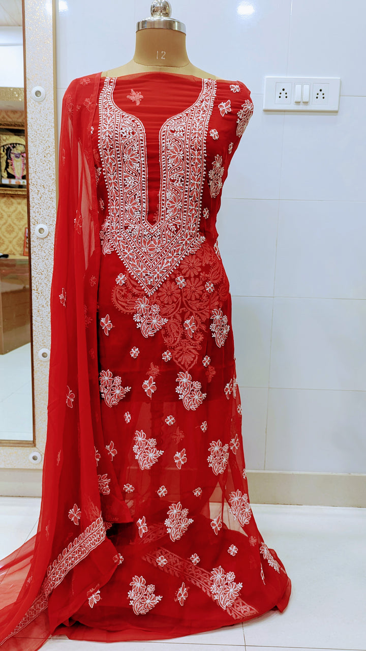"Paridhan Chikan Georgette Lucknowi Chikankari Unstitched Suit Set – Hand Embroidered Kurta, Bottom & Dupatta for Women"