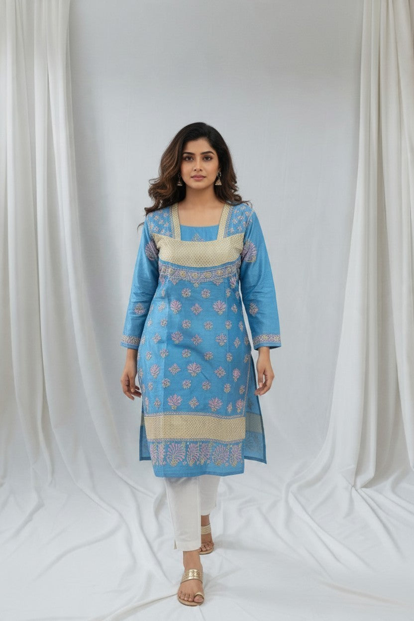 Saira Non Transparent - Soft Chanderi chikankari medium length kurti |36-38" approx