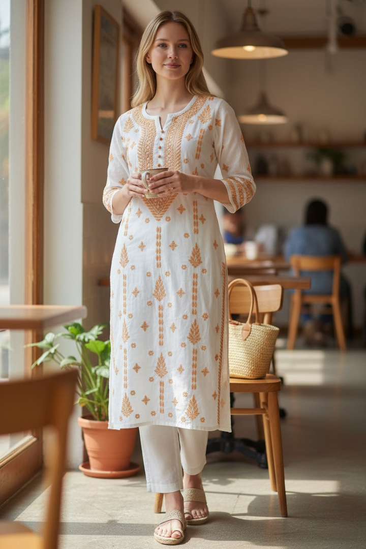 Modal Chikankari Hand Embroidered Kurti for Women | Premium Soft & Non-Transparent Fabric | 46 Inch Length | Lucknowi Chikan Kurta