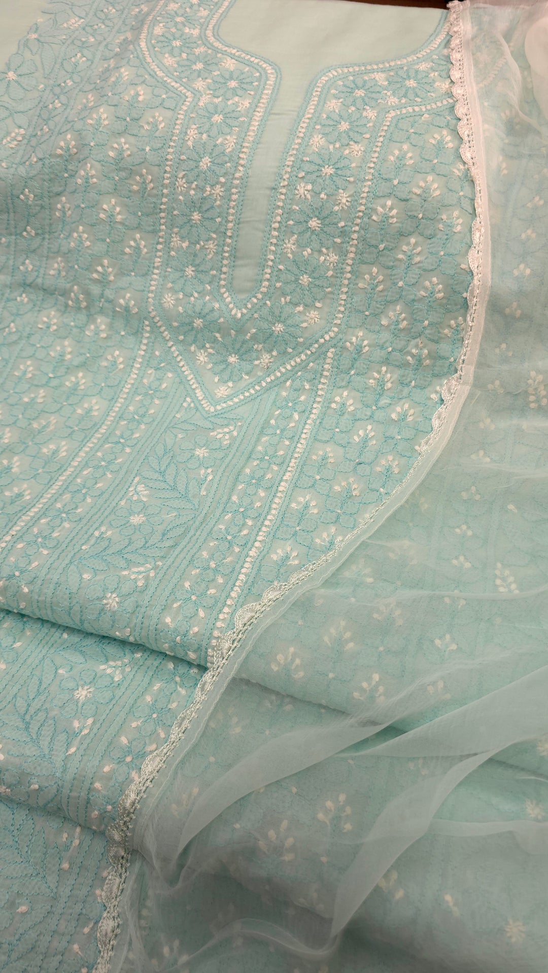 Lucknow Chikankari Hand Embroidered Cotton Dress Material with Tri-Color Motifs & Pure Chiffon Dupatta