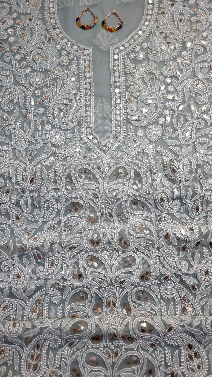 Faux Georgette Chikankari Hand Embroidered Unstitched Kurta Fabric with Gota Patti – 3 Meter