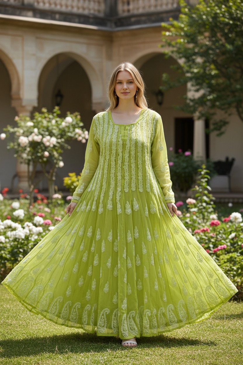 Georgette Lucknowi Chikankari 50" Long Anarkali Kurti | 100% Hand Embroidered| No Shrinkage