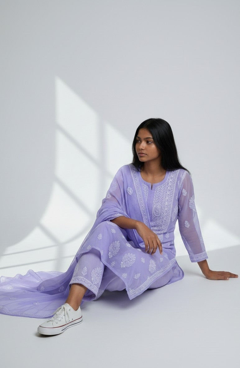 "Paridhan Chikan Georgette Lucknowi Chikankari Unstitched Suit Set – Hand Embroidered Kurta, Bottom & Dupatta for Women"