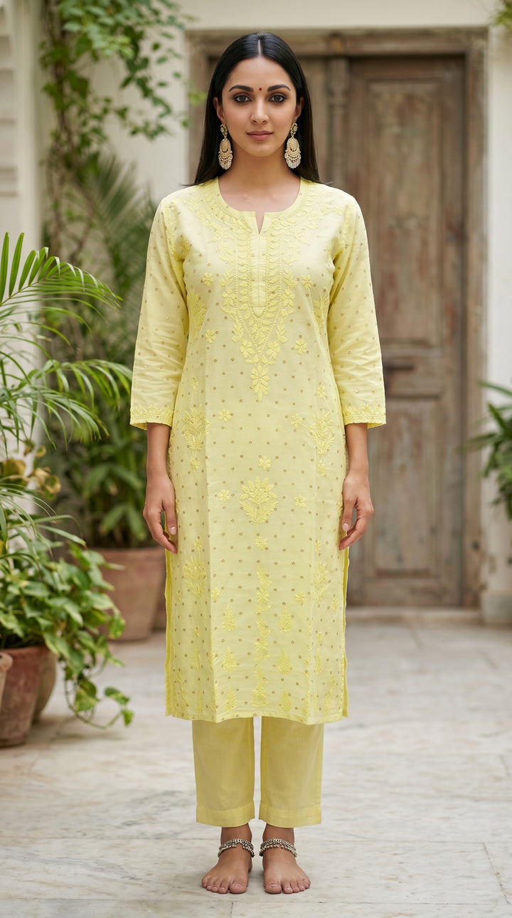 Kiara Chikankari Chanderi Golden Zari Buti Kurti for Women | Soft Non-Transparent | Paridhan Chikan