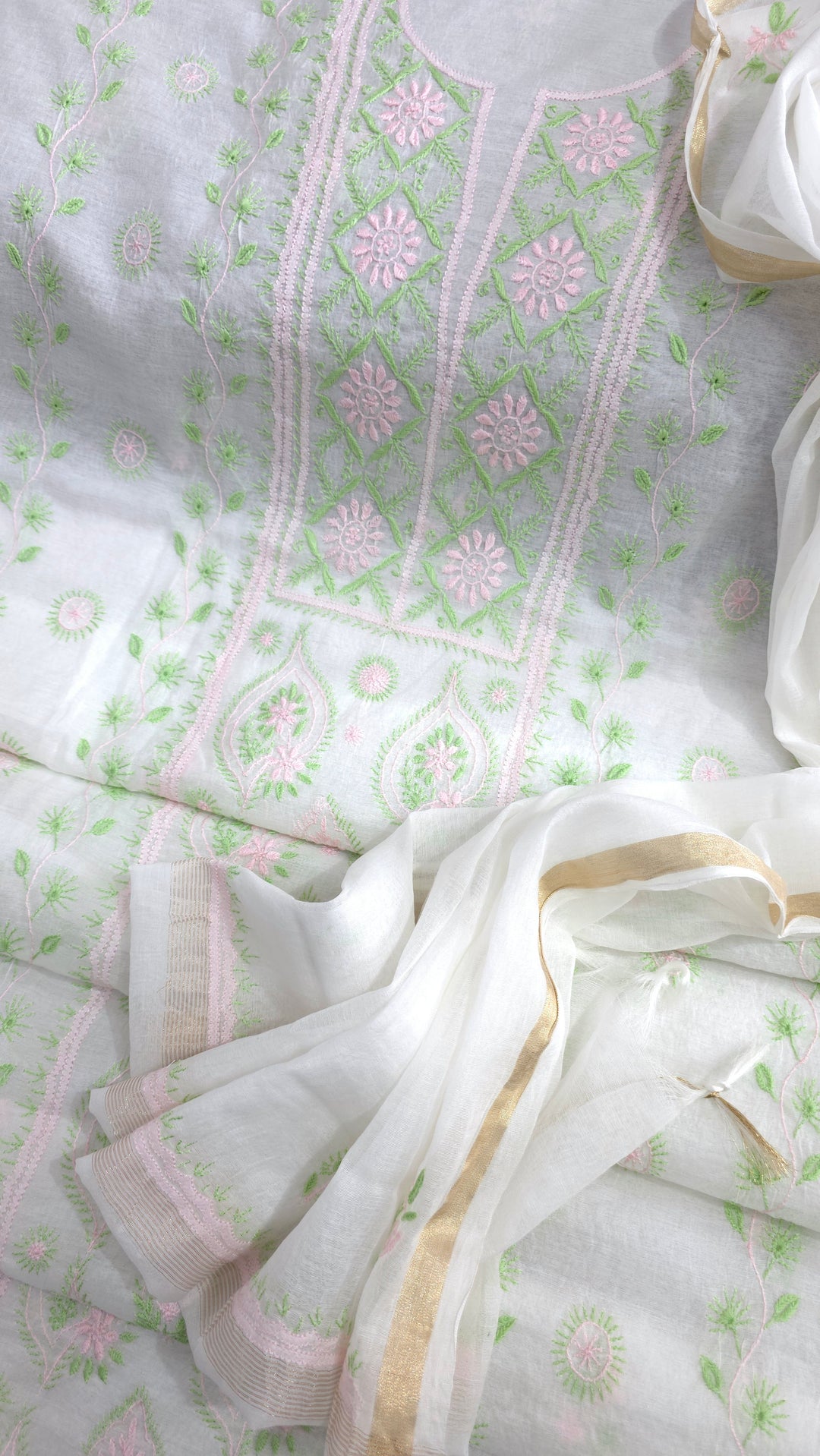 Pure Mul Chanderi 2 Taar Hand Embroidered Chikankari Unstitched Kurta (3 M) with Dupatta (2.5 M) – Lucknowi Festive Collection