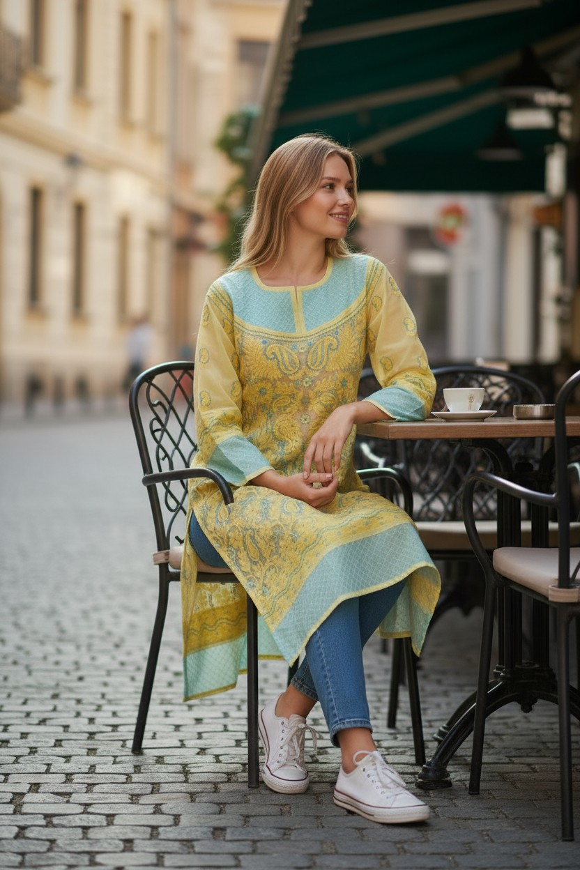 Cotton Chikankari Hand Embroidered Kurti for Women | Premium  | 48 Inch approx Length | Lucknowi Chikan Kurta