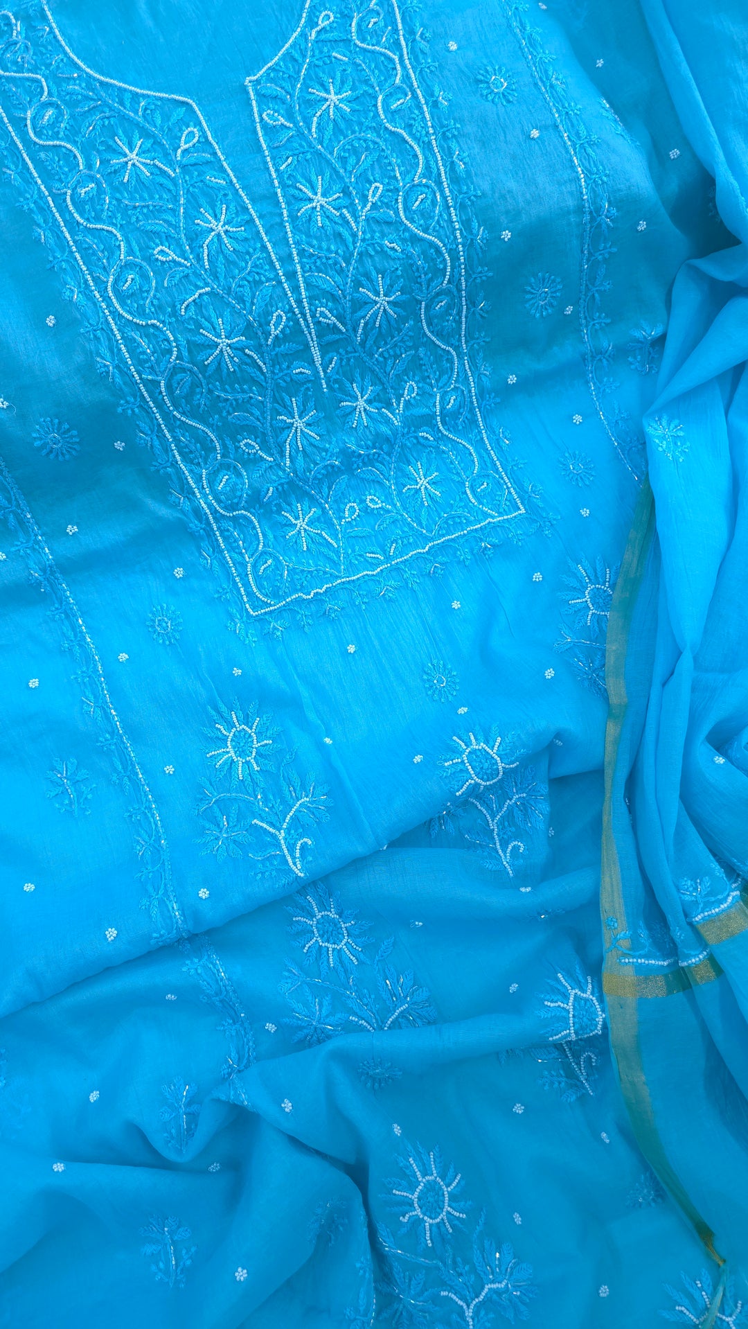 Premium Mul Chanderi Supersoft Dyeable Chikankari Dress Material | Hand Embroidered with Pearls & Cutdaana | Kurta & Dupatta Set