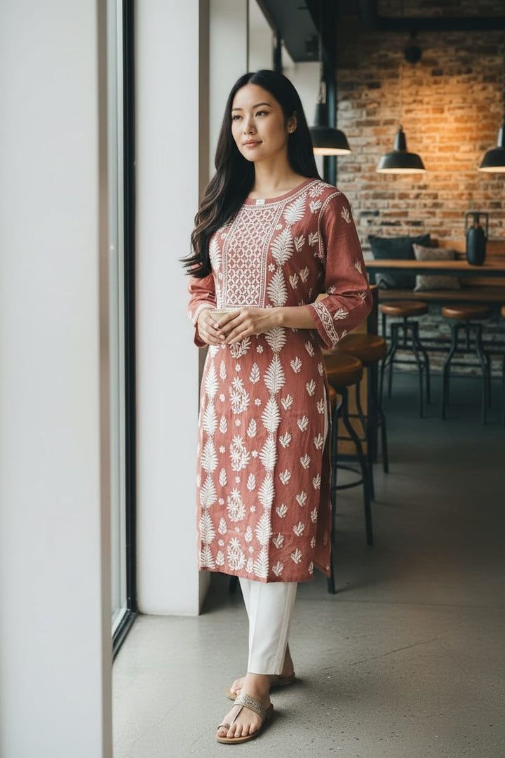 Modal Chikankari Hand Embroidered Kurti for Women | Premium Soft & Non-Transparent Fabric | 46 Inch Length | Lucknowi Chikan Kurta
