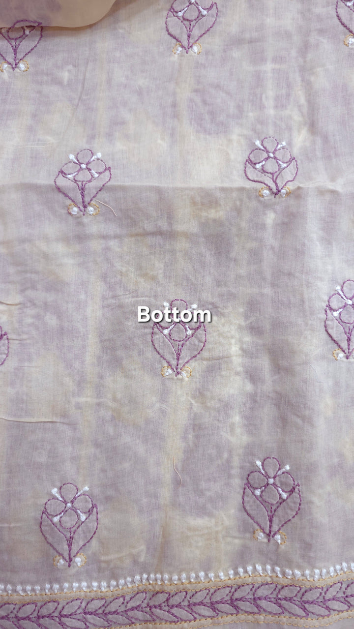 Lucknow Chikankari Hand Embroidered Cotton Dress Material with Tri-Color Motifs & Pure Chiffon Dupatta