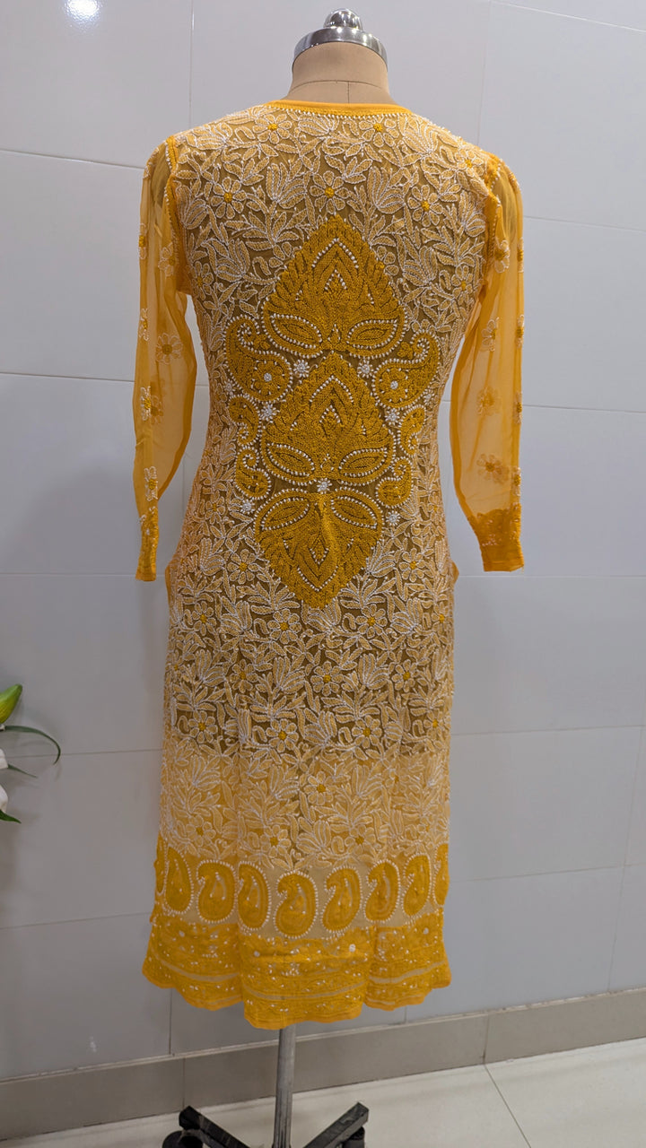 Georgette Lucknowi Chikankari 46" Long- front n back full embroidered Kurti | 100% Hand Embroidered| No Shrinkage