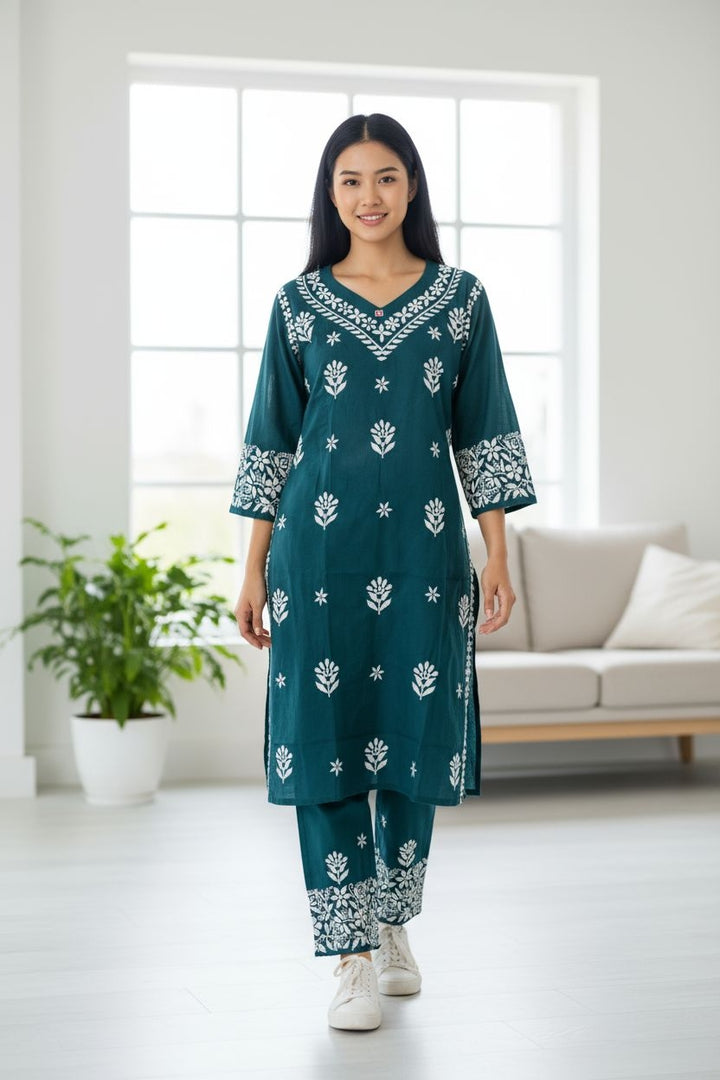 Hand Embroidery Chikankari Muslin Kurta Pant set - Teal Blue