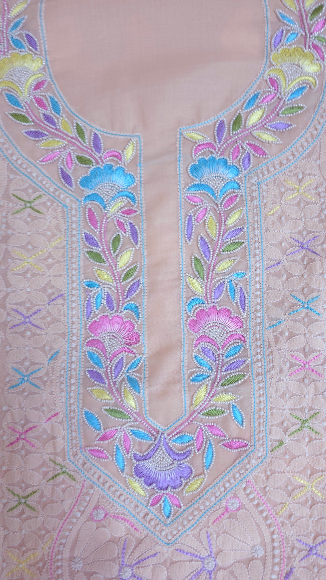 Cotton Resham Neckline chikankari dress material- Peach
