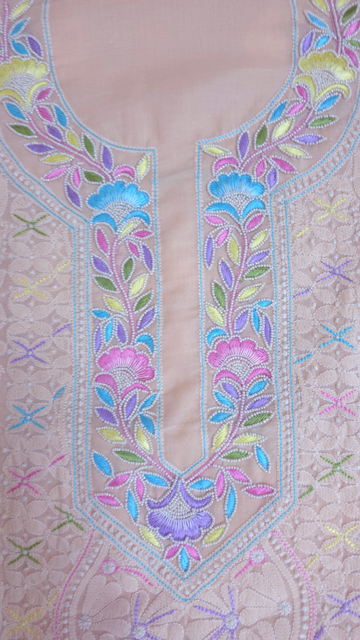 Cotton Resham Neckline chikankari dress material- Peach