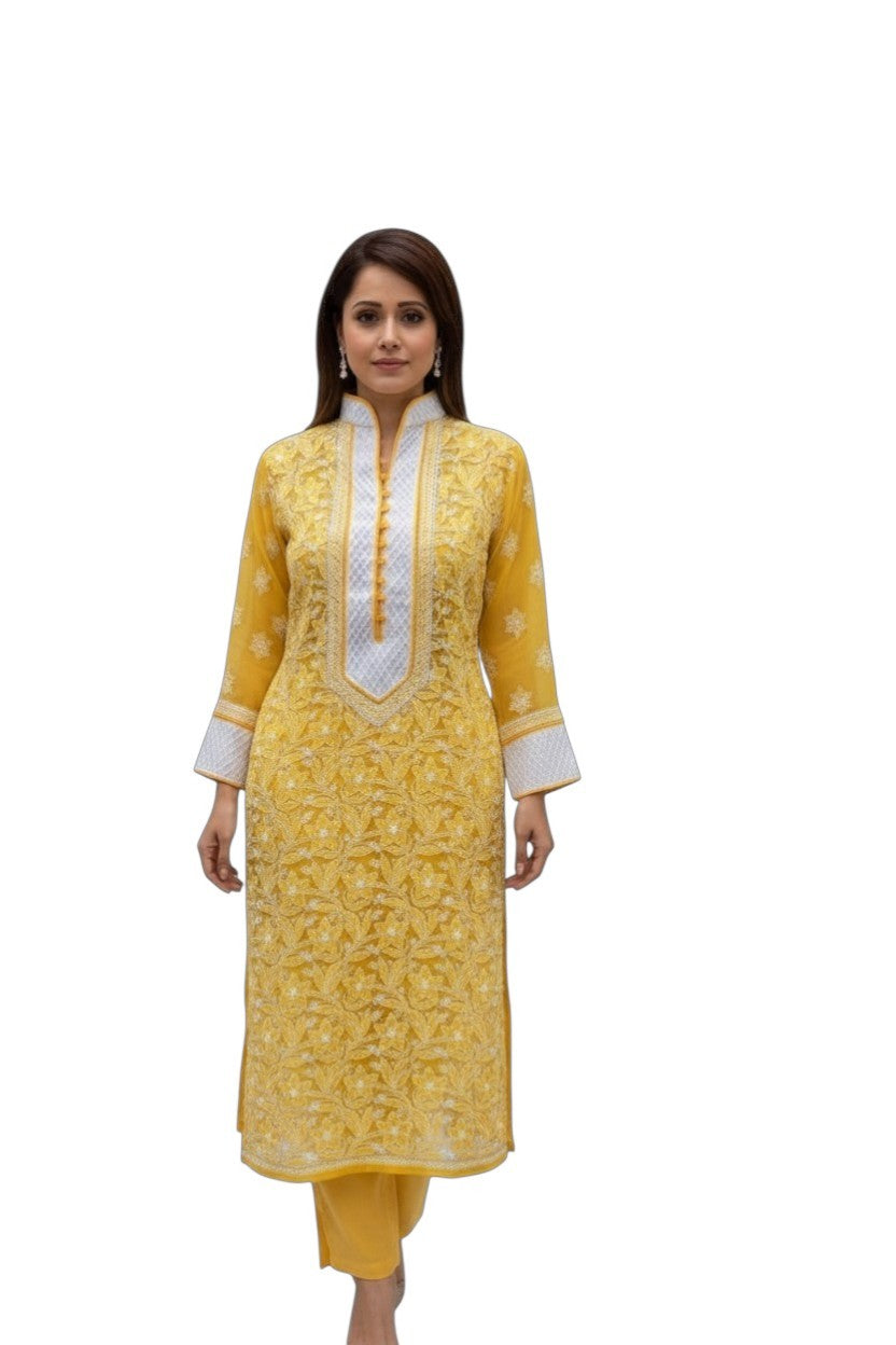 Women’s Georgette Chikankari Kurti – Designer Hand Embroidered Lucknowi Craft by Paridhan Chikan