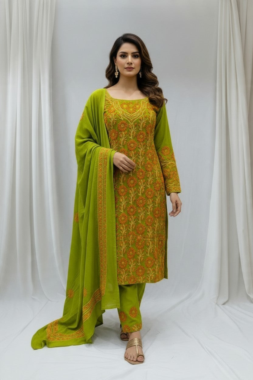 Unstitched Georgette Chikankari Dress Material | Hand Embroidered Kurta, Bottom & Dupatta