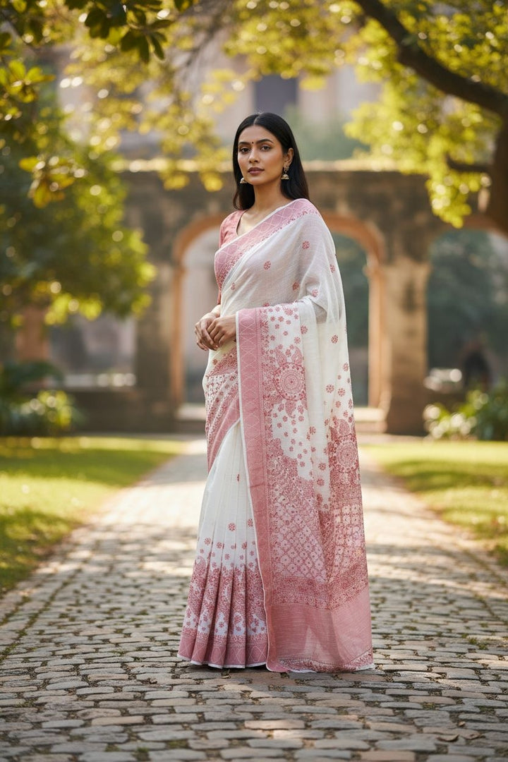 Hand Embroidered Chikankari Banarasi Silk Saree with Intricate Border & Palla Pattern – Includes  Blouse | Paridhan Chikan