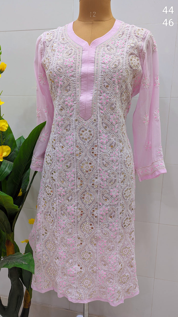 Raha Women’s Georgette Chikankari Kurti –Pearl, mirror n aari work -Designer Hand Embroidered Lucknowi Craft by Paridhan Chikan