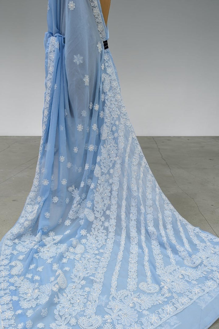 Faux Georgette Hand Chikankari Saree with Exclusive Border & Palla Design | Embroidered Blouse Included | Authentic Lucknow Handicraft by Paridhan Chikan