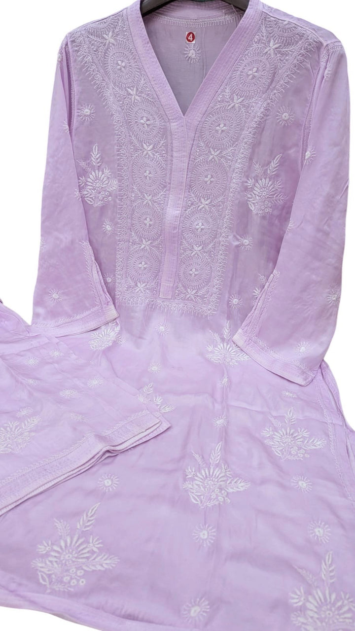 Luxe-Pure Modal satin luxurious kurti pants set with *2 taar chikankari work*