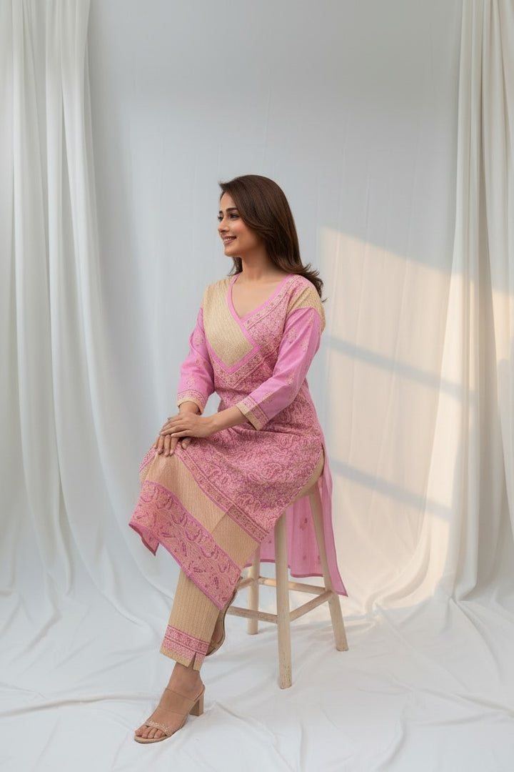 Jia Cotton Chikankari Hand Embroidered Kurti for Women | Premium  | 48 Inch approx Length | Lucknowi Chikan Kurta