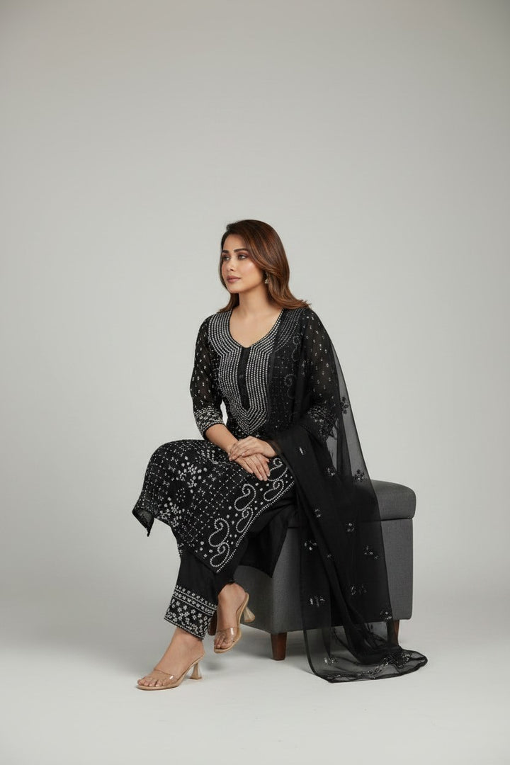Unstitched Georgette Chikankari Dress Material | Hand Embroidered Kurta, Bottom & Dupatta