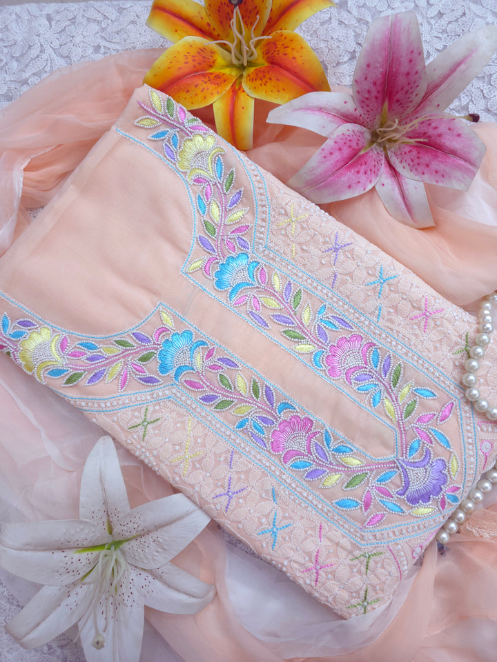 Cotton Resham Neckline chikankari dress material- Peach
