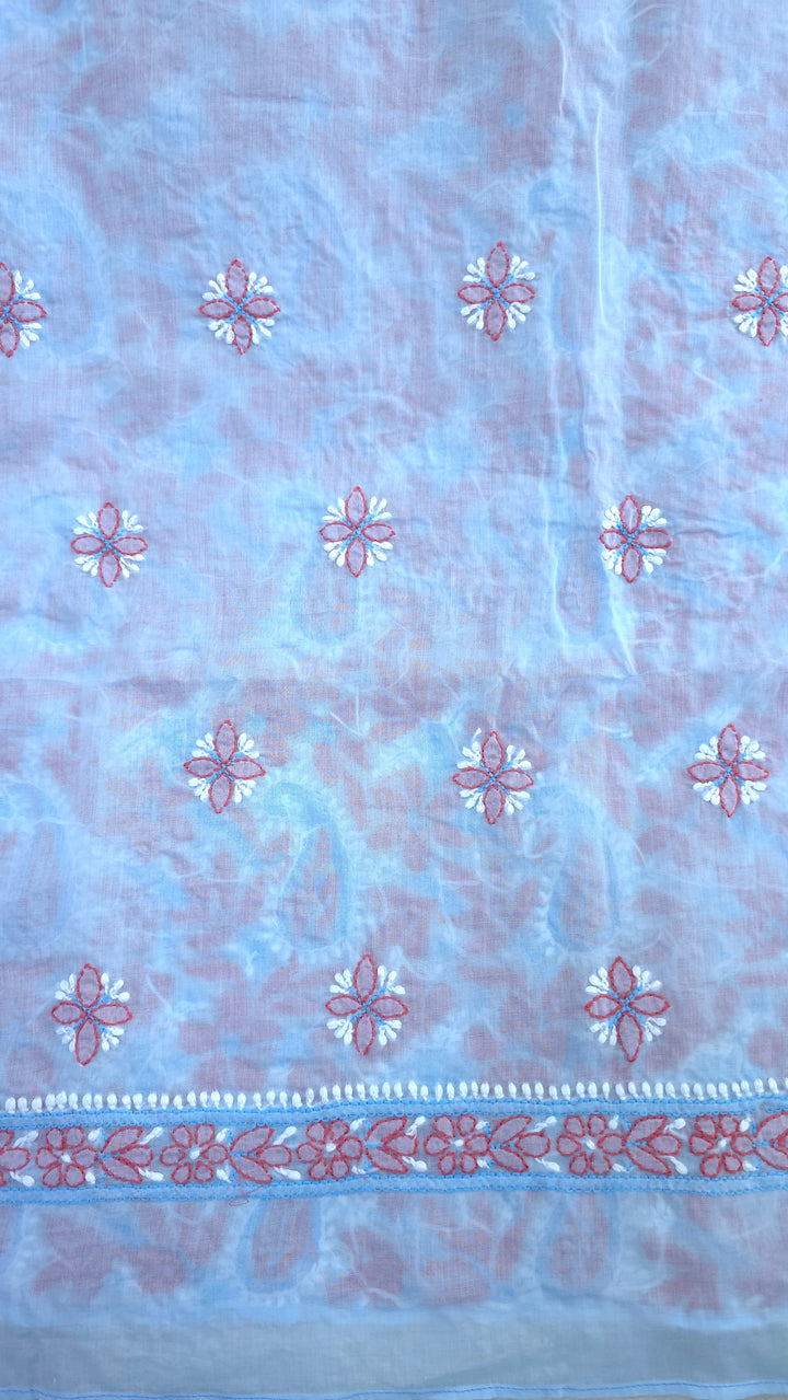 Lucknow Chikankari Hand Embroidered Cotton Dress Material with Tri-Color Motifs & Pure Chiffon Dupatta