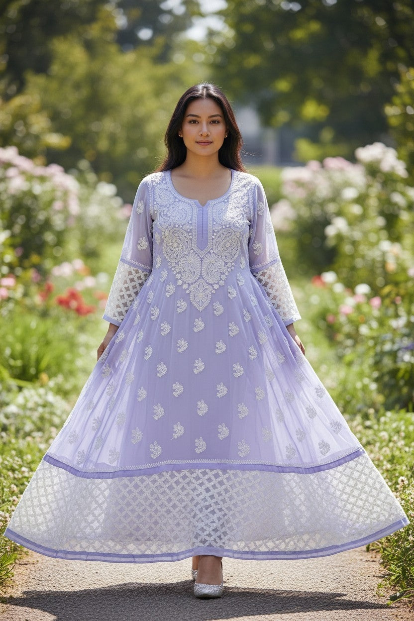 Georgette Lucknowi Chikankari 50" Long A line gown style Kurti | 100% Hand Embroidered| No Shrinkage