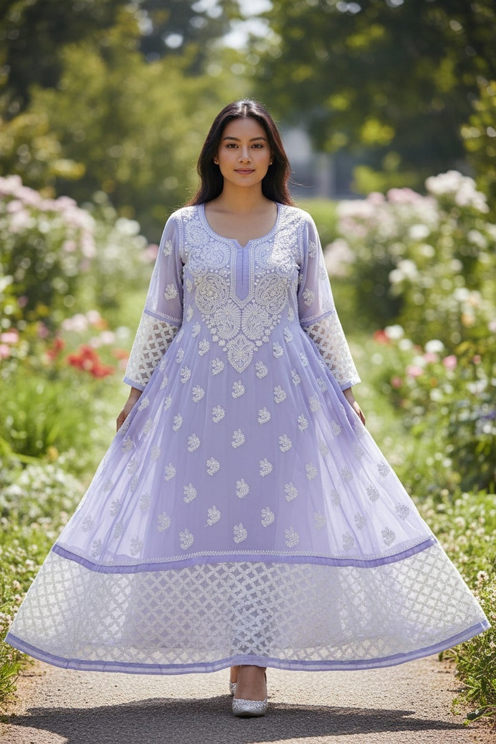 Georgette Lucknowi Chikankari 50" Long A line gown style Kurti | 100% Hand Embroidered| No Shrinkage