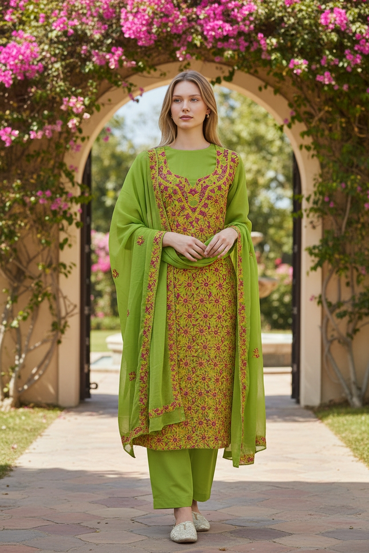 Unstitched Georgette Chikankari Dress Material | Hand Embroidered Kurta, Bottom & Dupatta