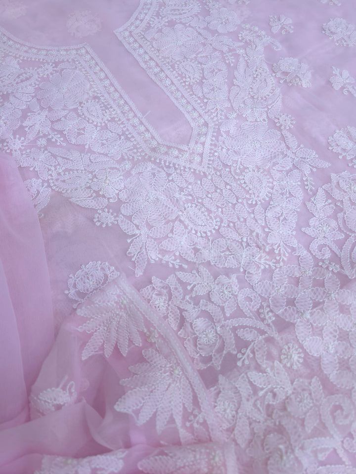 Lucknowi Georgette Chikankari Dress Material – Hand Embroidery Kurta, Bottom & Dupatta | Festive Queen Shades