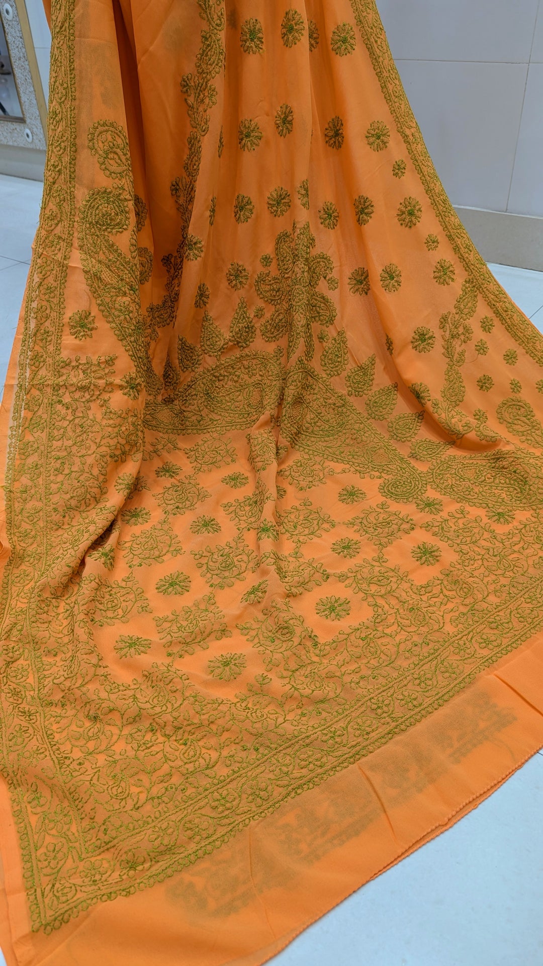 Faux Georgette Hand Chikankari Saree with Exclusive Border & designer Palla Design | Embroidered Blouse Included | Authentic Lucknow Handicraft by Paridhan Chikan