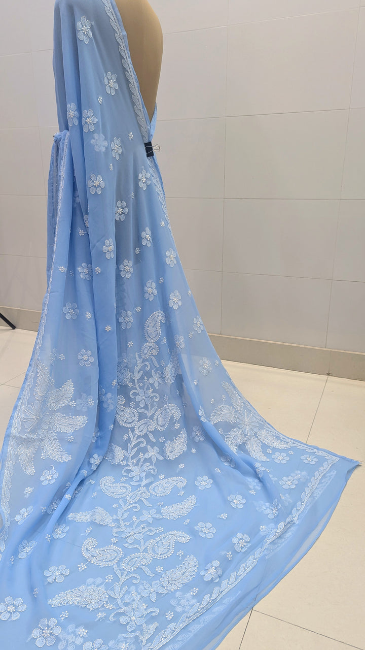 Faux Georgette Hand Chikankari Saree with Exclusive Border & Palla Design | Embroidered Blouse Included | Authentic Lucknow Handicraft by Paridhan Chikan
