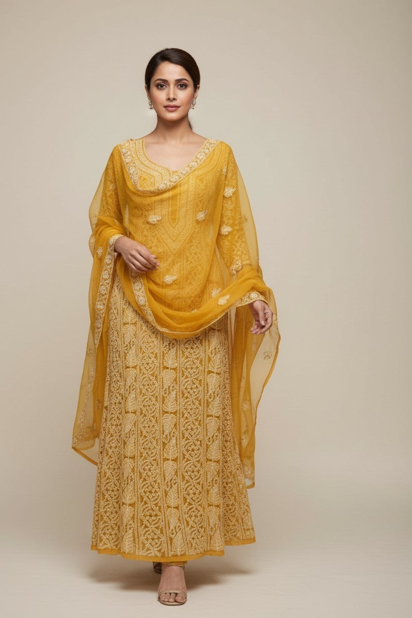 Unstitched Georgette Chikankari Dress Material | Hand Embroidered Kurta, Bottom & Dupatta
