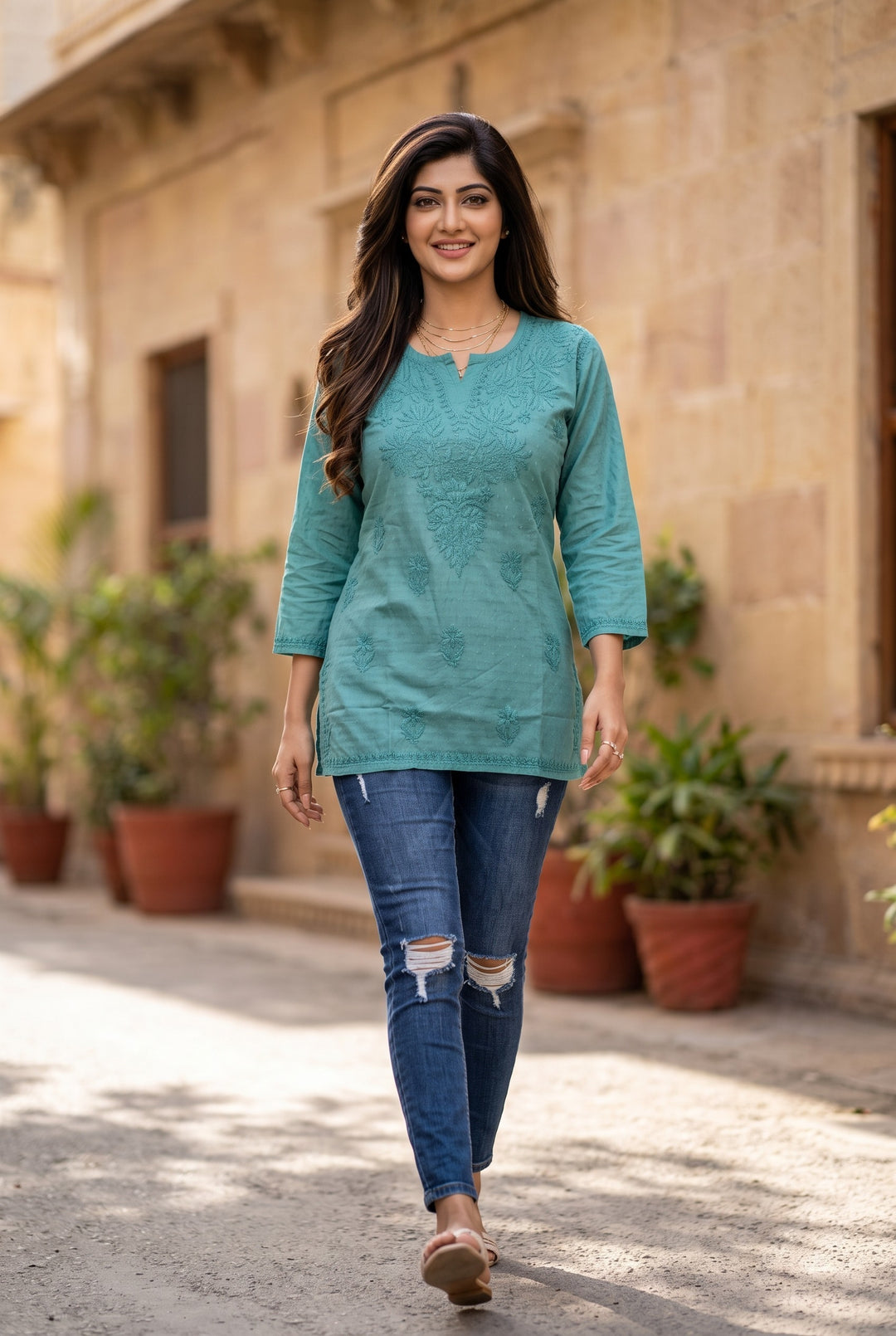 Saanvi Pure Cotton Buti Colored Thread Chikankari Top | Lucknow Hand Embroidery | Soft Cotton Women's Top | Paridhan Chikan